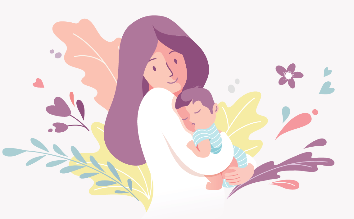 an illustration of a young mother holding a baby