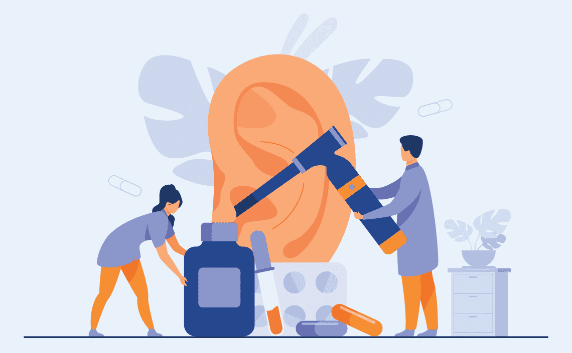 An illustration of two medical professionals inspecting an oversized ear